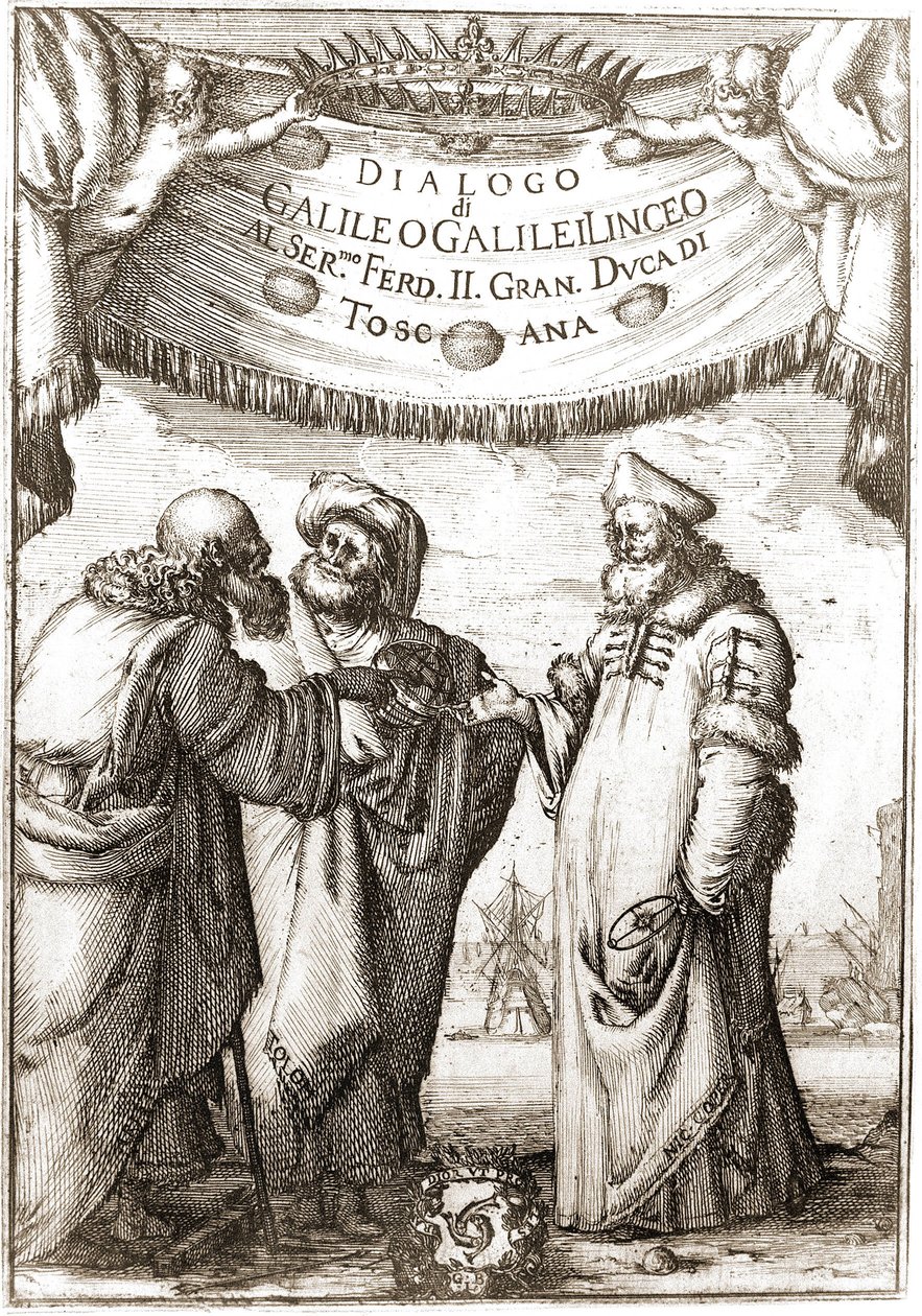 Aristotle, Ptolemy and Nicolas Copernicus in conversation - in Dialogo sopra i due massimi sistemi del mondo by Galileo Galilei by Unknown