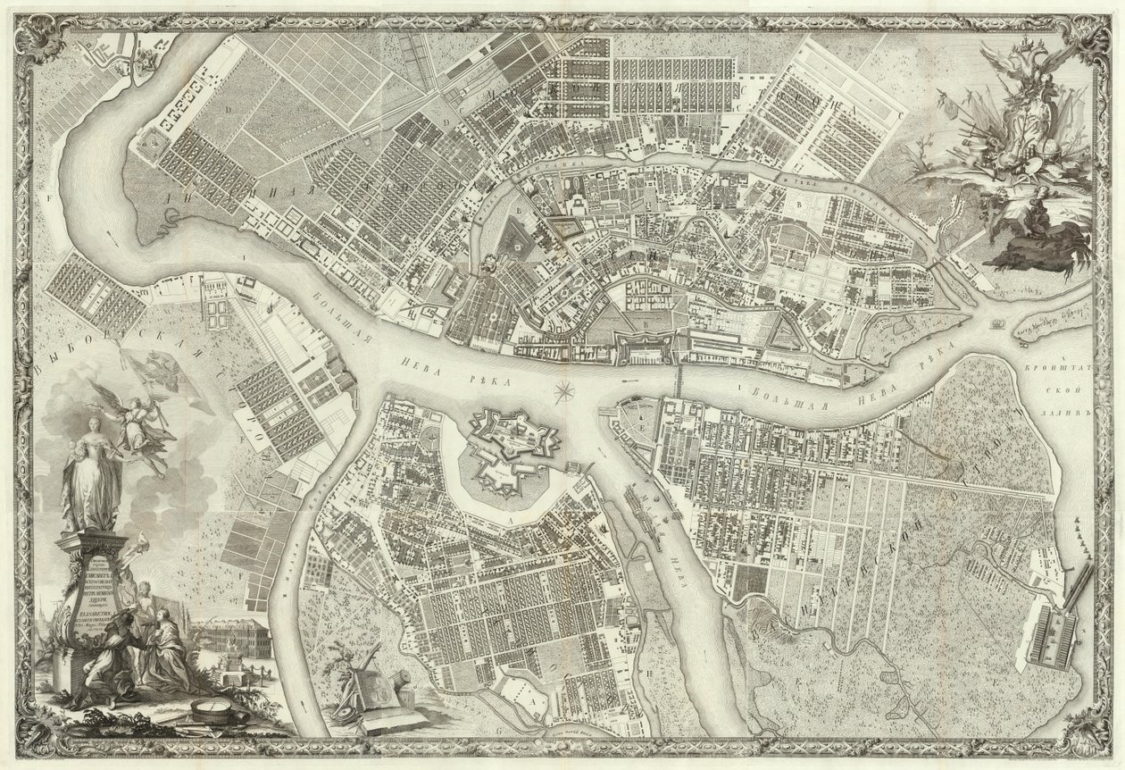 Engraving. Plan of the Capital City of Saint Petersburg with Depictions of the Most Notable Prospects. 1753 by M. I. Makhaev by Махаев Михаил Иванович