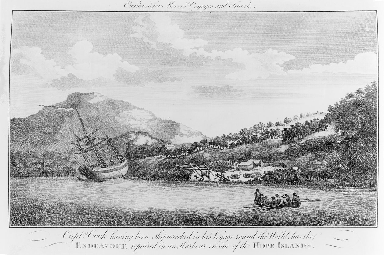 Captain Cook Having Been Shipwrecked in His Voyage Round the World Has the Endeavour Repaired in a Harbour on One of the Hope Islands, Engraved for Moore