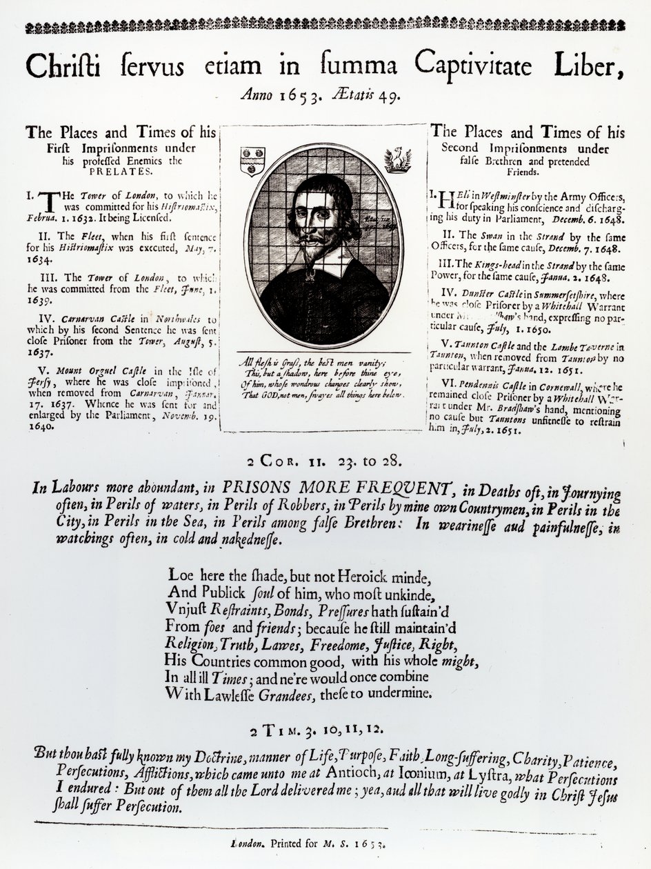 A page from a broadsheet containing a list of places and times of John Lilburne