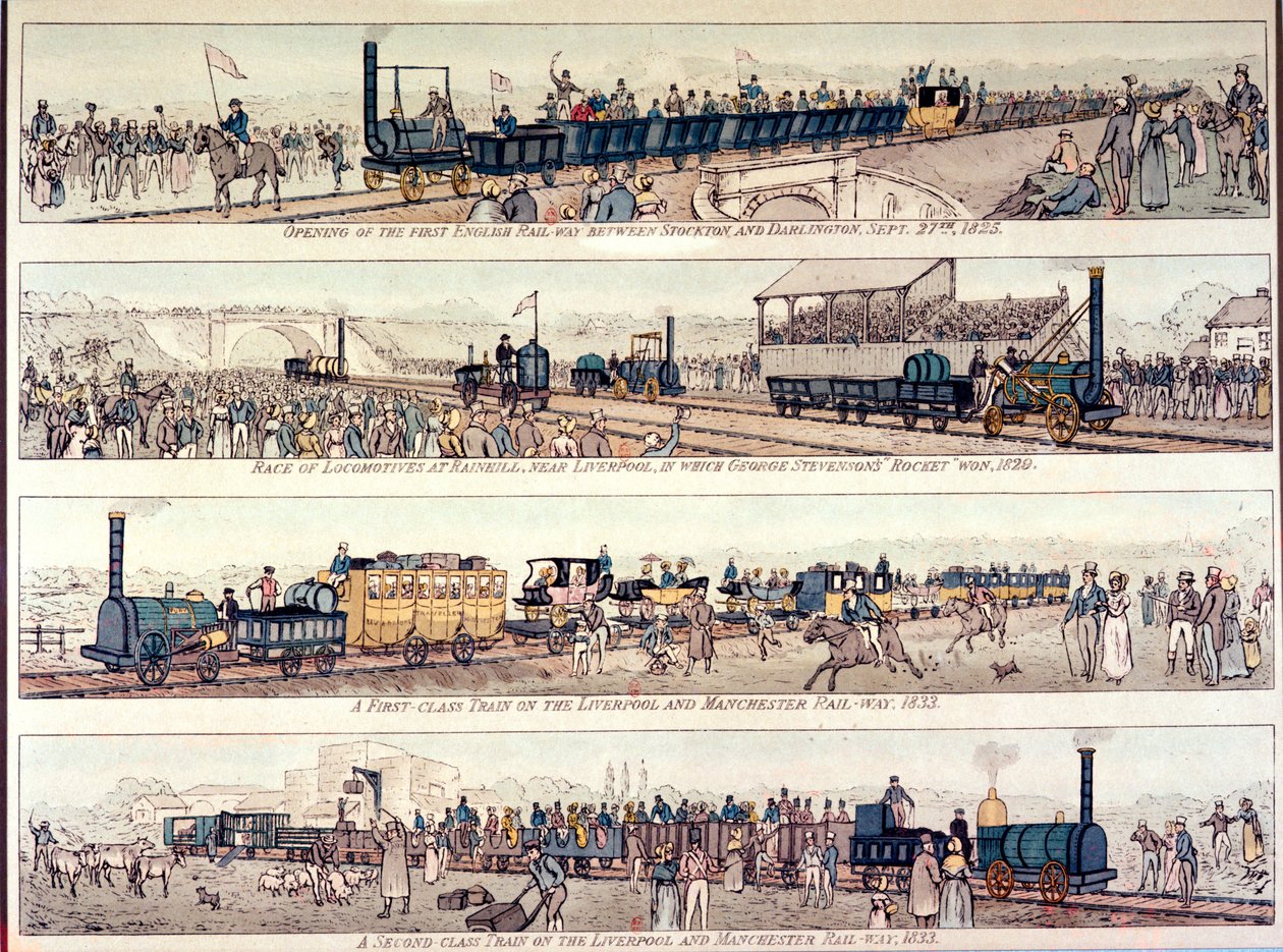 The opening of the Stockton and Darlington railroad, 1825; Locomotive race at Rainhill, near Liverpool, won by George Stephenson