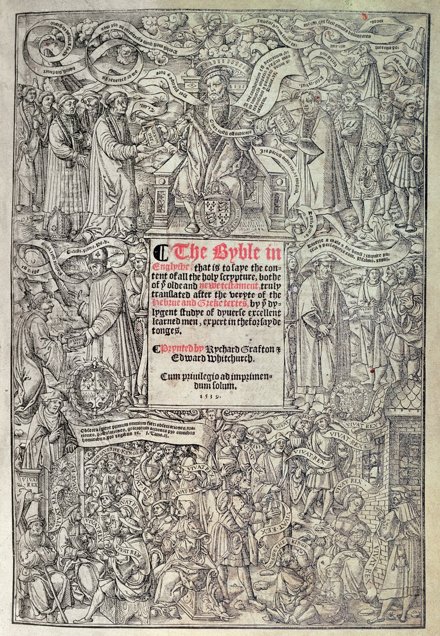 Titlepage introducing English translation of the Great Bible, translated from the Hebrew and Greek texts and printed by Richard Grafton and Edward Whitchurch, c.1539 by English School