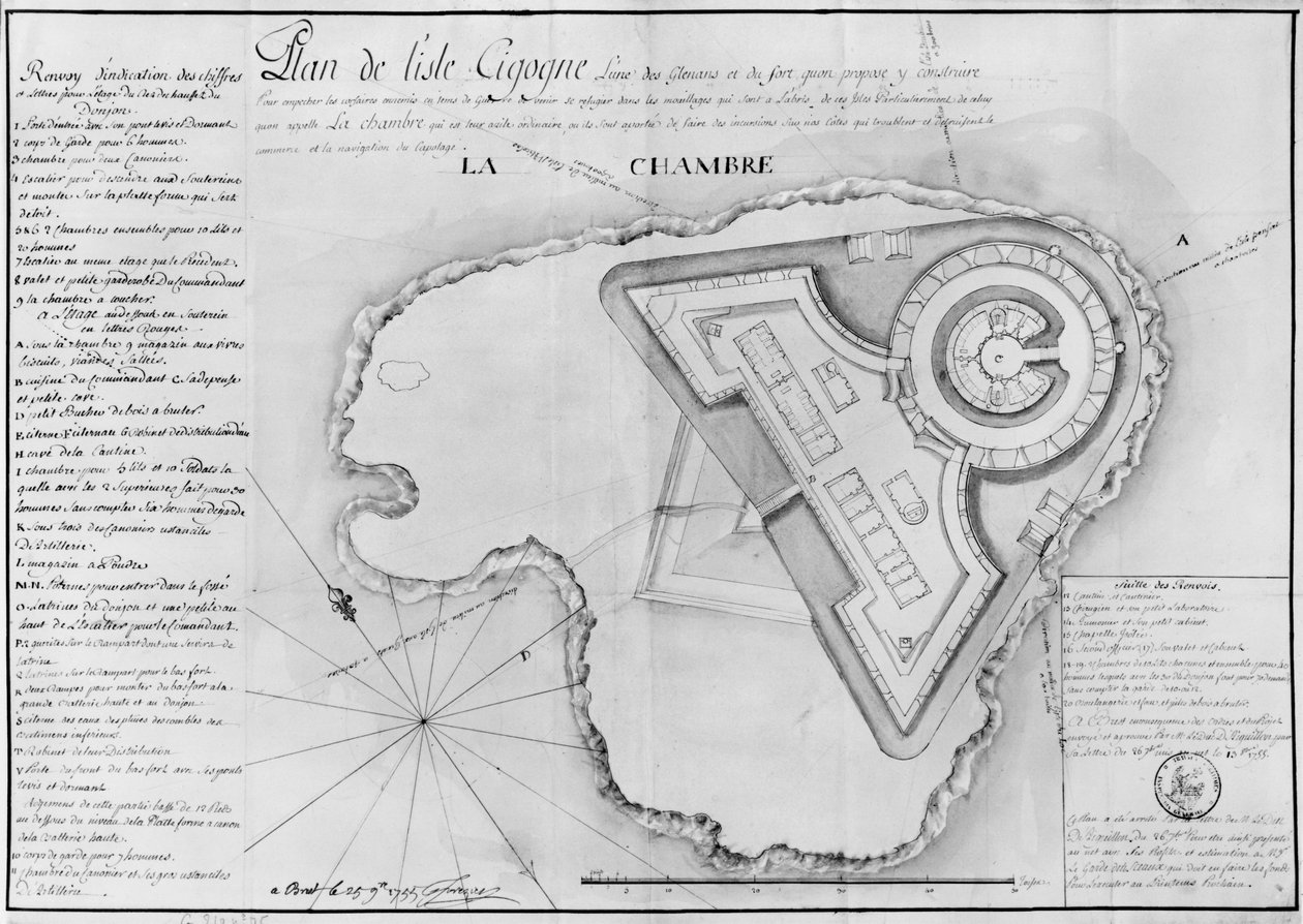 Plan of the Ile Cigogne and the Project of a Fort, Archipel des Glenan, 1745 by French School
