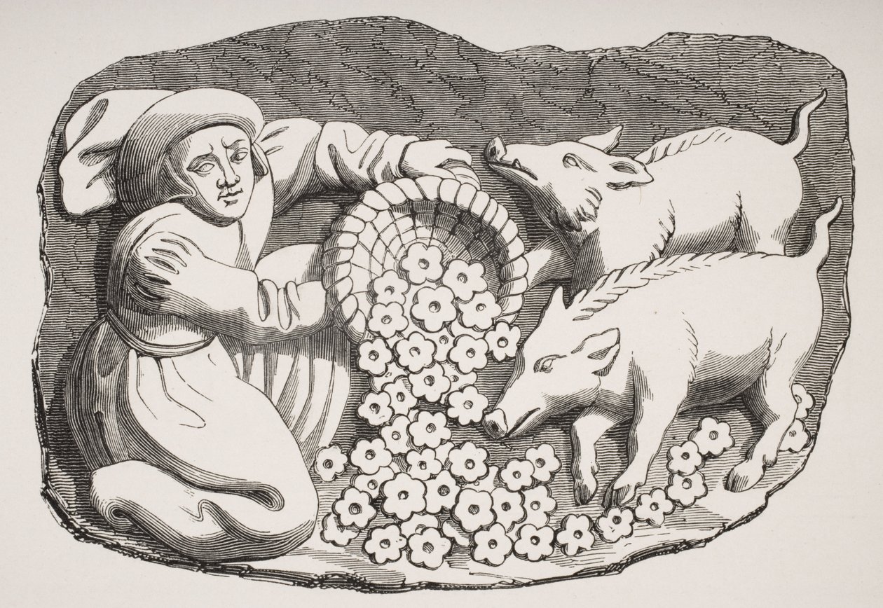 Reproduction of a 15th century wood carving on a stall in Rouen cathedral representing the proverb 