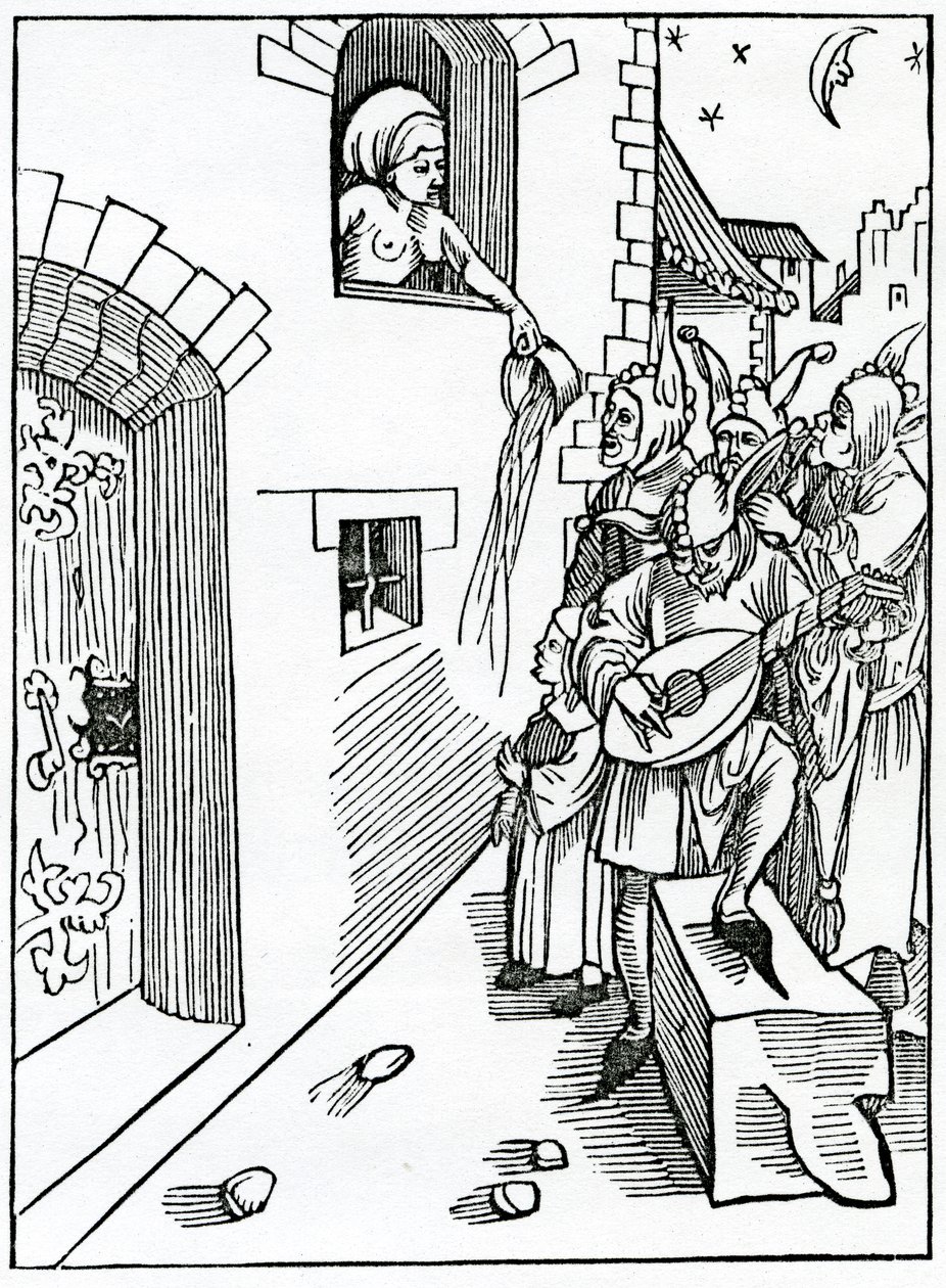 Of nyght watchers and beters of the stretes playnge by nyght on instrumentes and vsynge lyke folyes whan tyme is to rest, illustration from Alexander Barclay