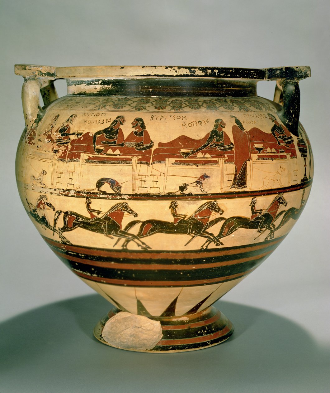 Early Corinthian black-figure column-krater depicting Herakles dining with Eurytios and his sons, waited on by Iole, above a row of horsemen, from Cerveteri, c.600 BC by Greek