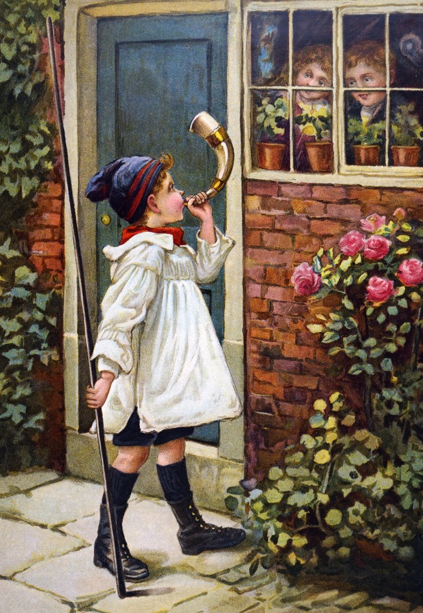 A Young Boy Blowing a Horn Outside of His Home by Unknown