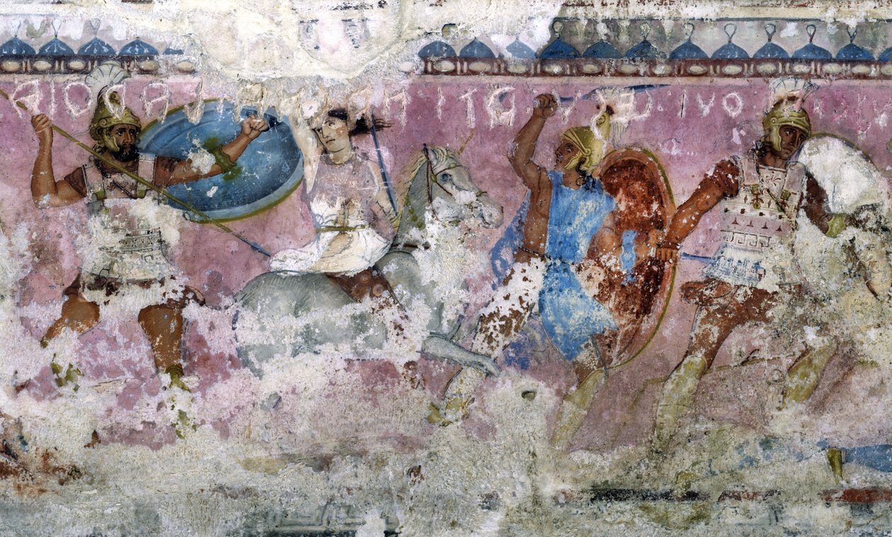Battle between Greeks and Amazons, detail from the side of the sarcophagus of the Amazons, Tarquinia by Unknown