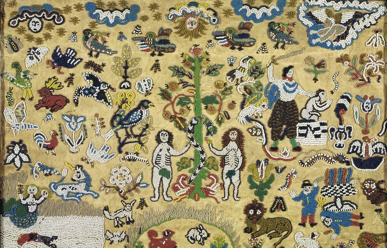 Beadwork Picture: Fall of Man; Cain and Abel; Sacrifice of Isaac; surrounded by Animals from the Garden of Eden by Unknown