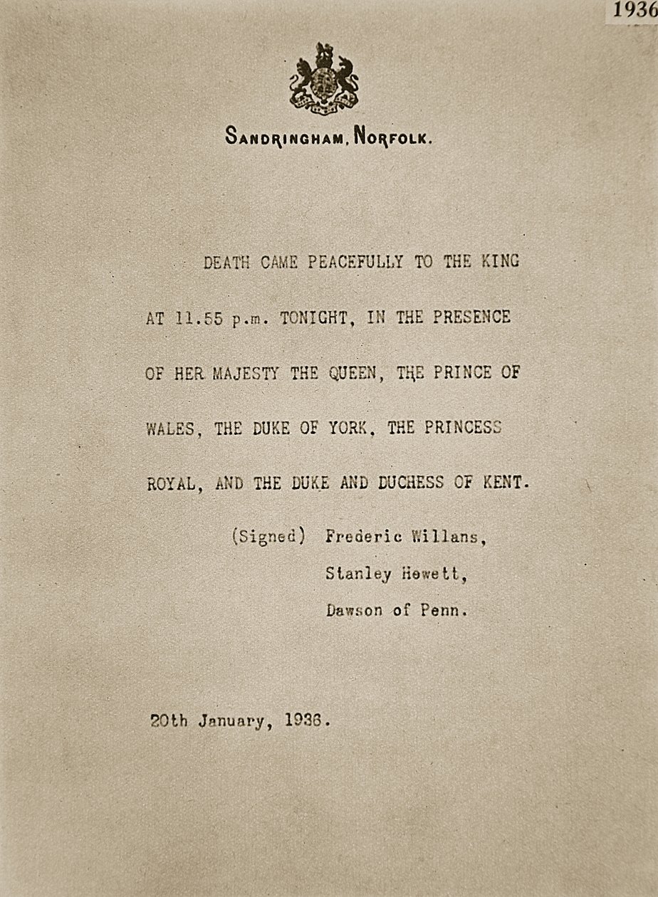 Bulletin Posted at Sandringham upon the Death of King George V, 20th January 1936 by Unknown