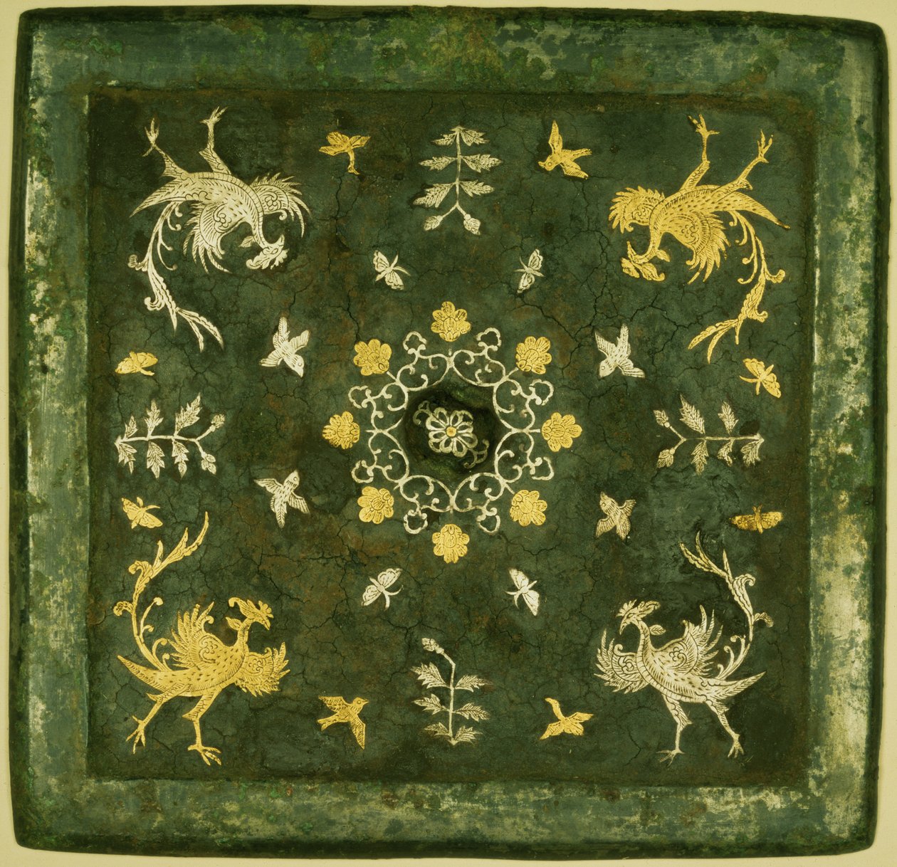 Mirror, Bronze with Lacquered Back, Decorated in Gold and Silver with Scroll Work, Tang Dynasty by Unknown