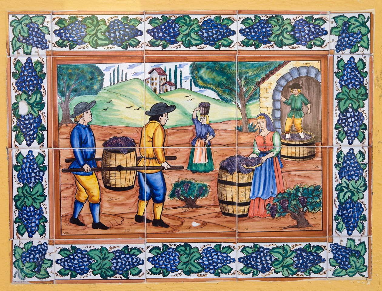 Modern Spanish Ceramic Tiles Showing Workers Carrying Grapes Back to Vineyard Cellar by Unknown