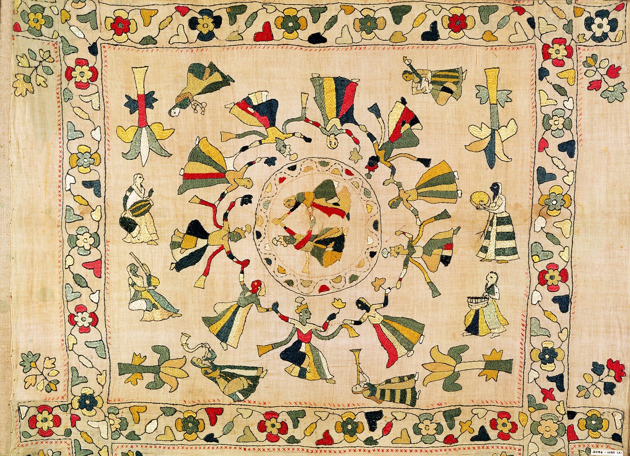 Rumal: Square Embroidery Cover Showing Punjabi Dance by Unknown