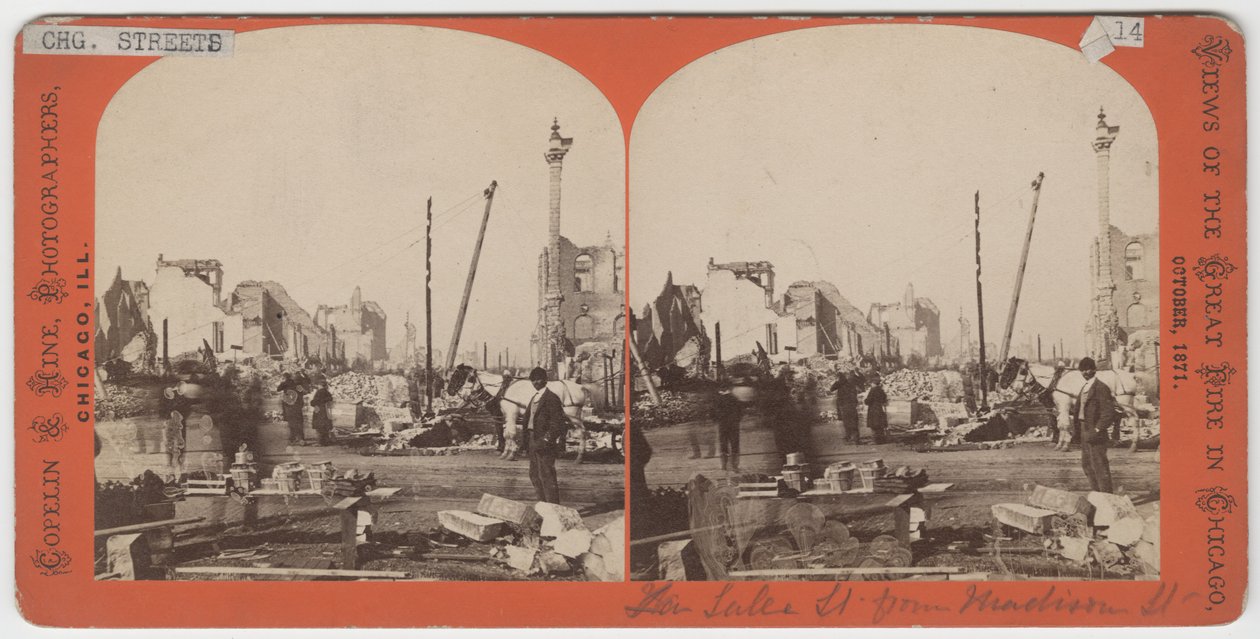 Stereograph of view of Lake St. from Madison St. after the Chicago Fire of 1871 by American Photographer