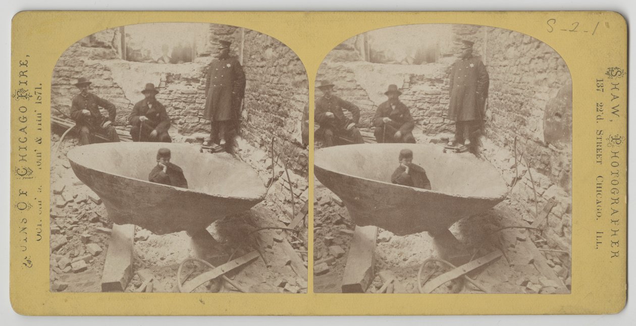 Stereograph view of courthouse bell after the Chicago Fire of 1871 by American Photographer