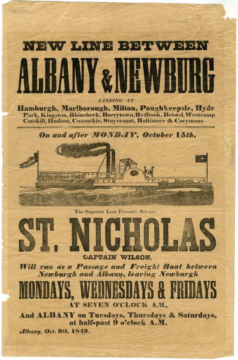 New Line Between Albany & Newburg... The Superior Low Pressure Steamer St. Nicholas by American School