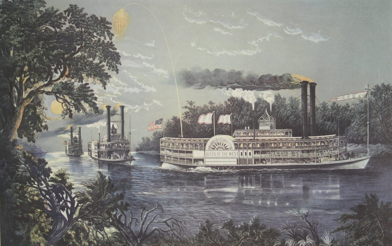 Rounding A Bend On The Mississippi, Steamboat Queen of the West by American School