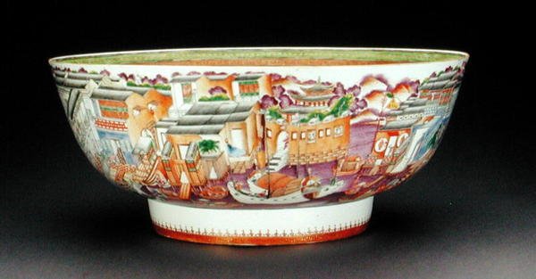 Bowl, decorated in mandarin palette with a scene of the Hongs in Canton, Quianlong Period, c.1770 by Chinese School