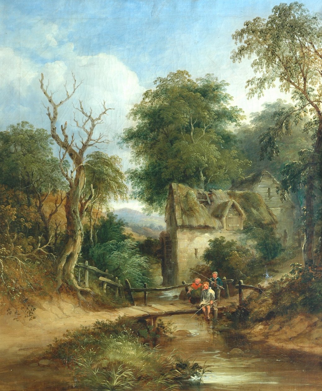 Children Fishing from a Bridge by English School