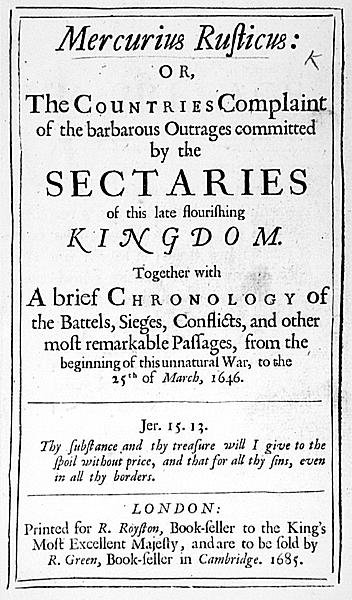 Front page from Mercurius Rusticus, published in 1685 by English School