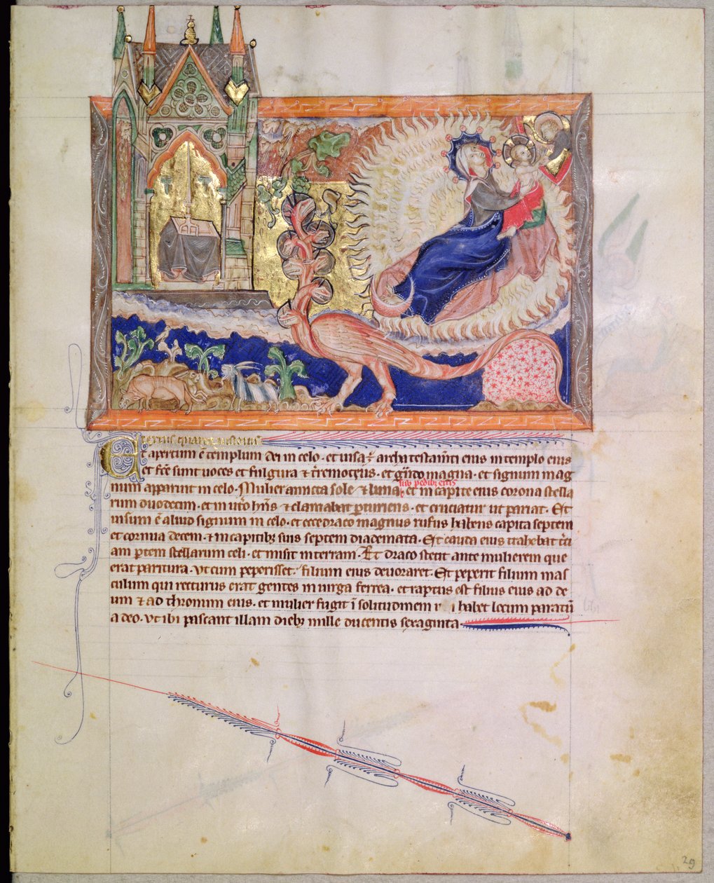 God Rescuing the Male Child from Being Devoured by the Red Dragon, from the Gulbenkian Apocalypse, c.1265-70 by English School