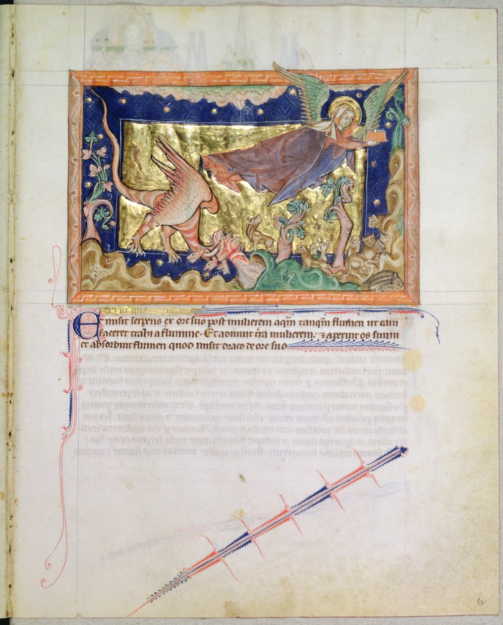 The Woman Flying Away as the Earth Swallows the Water Spewed Out by the Red Dragon, from the Gulbenkian Apocalypse, c.1265-70 by English School