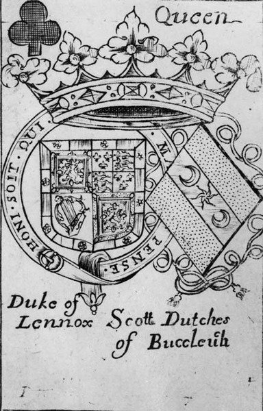Queen of Spades playing card depicting the coat of arms of the Duke of Lennox and the Duchess of Buccleuch by English School