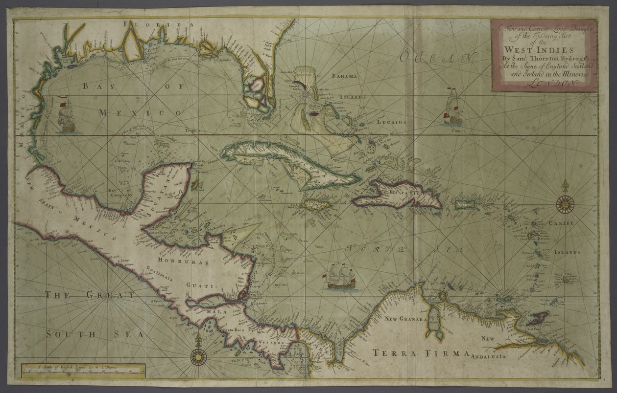Trading Map of the West Indies, 1707 (hand coloured print) by English School