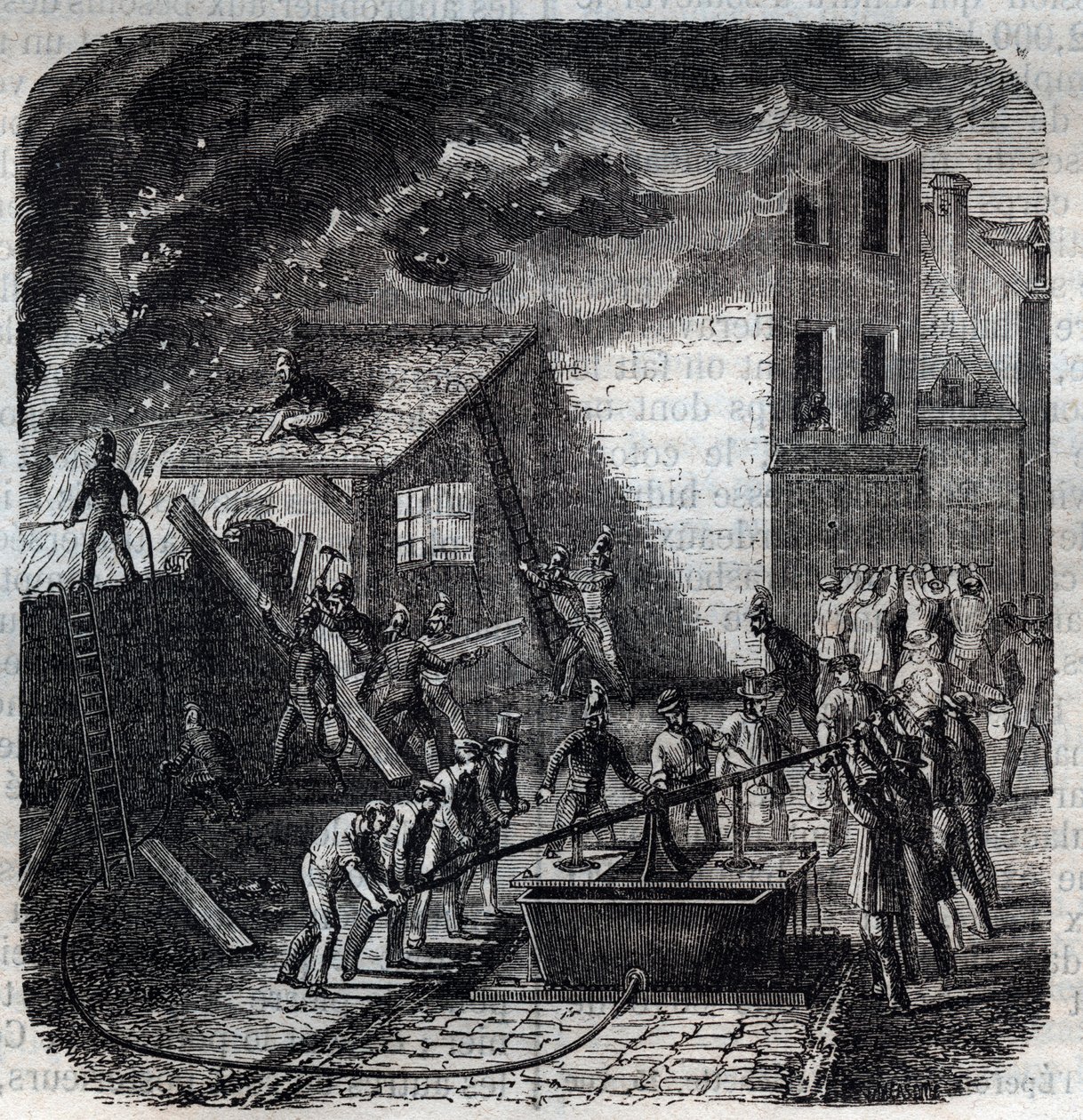 Firemen using a fire pump by French School