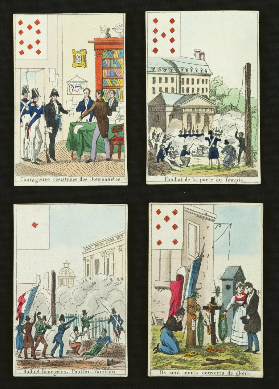 Four Playing Cards Commemorating the Heroes of July 1830 by French School