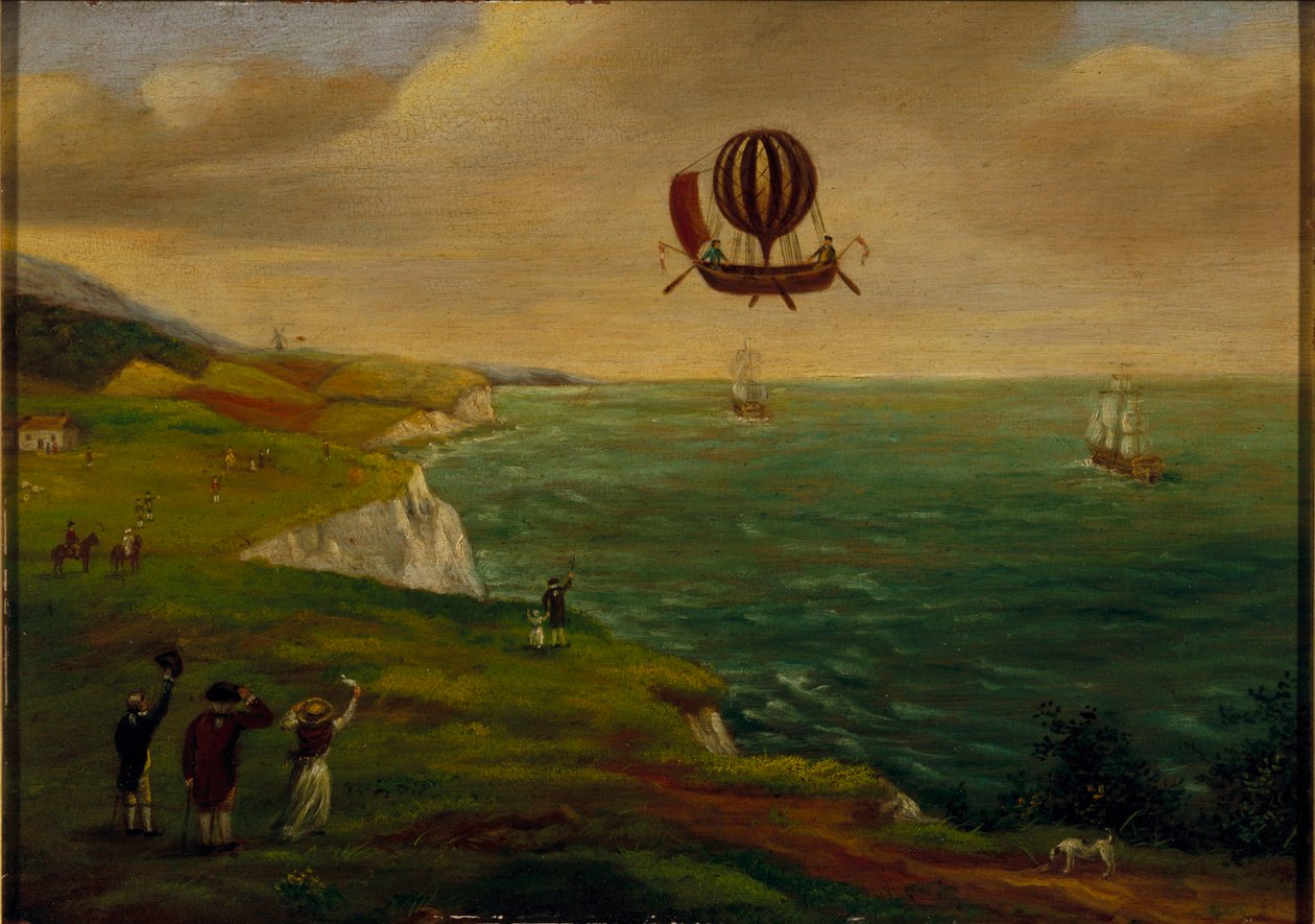 The First Balloon Crossing of the English Channel, 7th January 1785 by French School