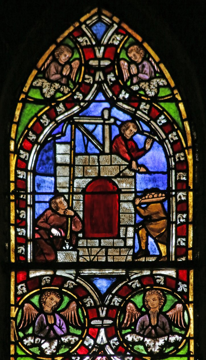 Window depicting Building the Tower of Babel by French School