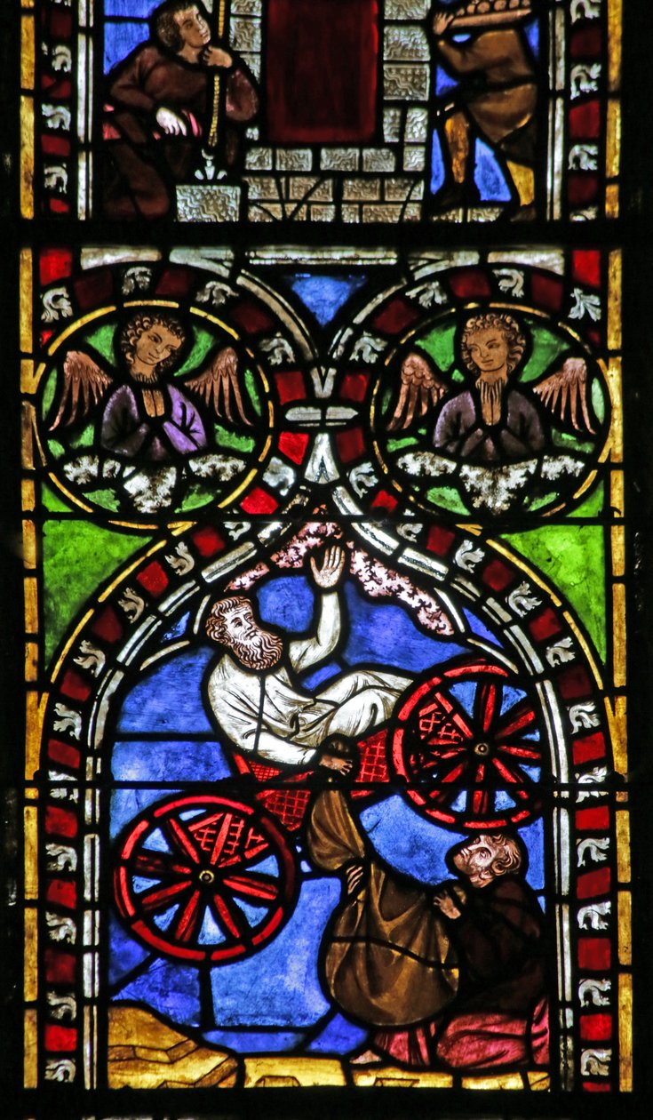 Window depicting Elijah ascending to heaven in a chariot by French School