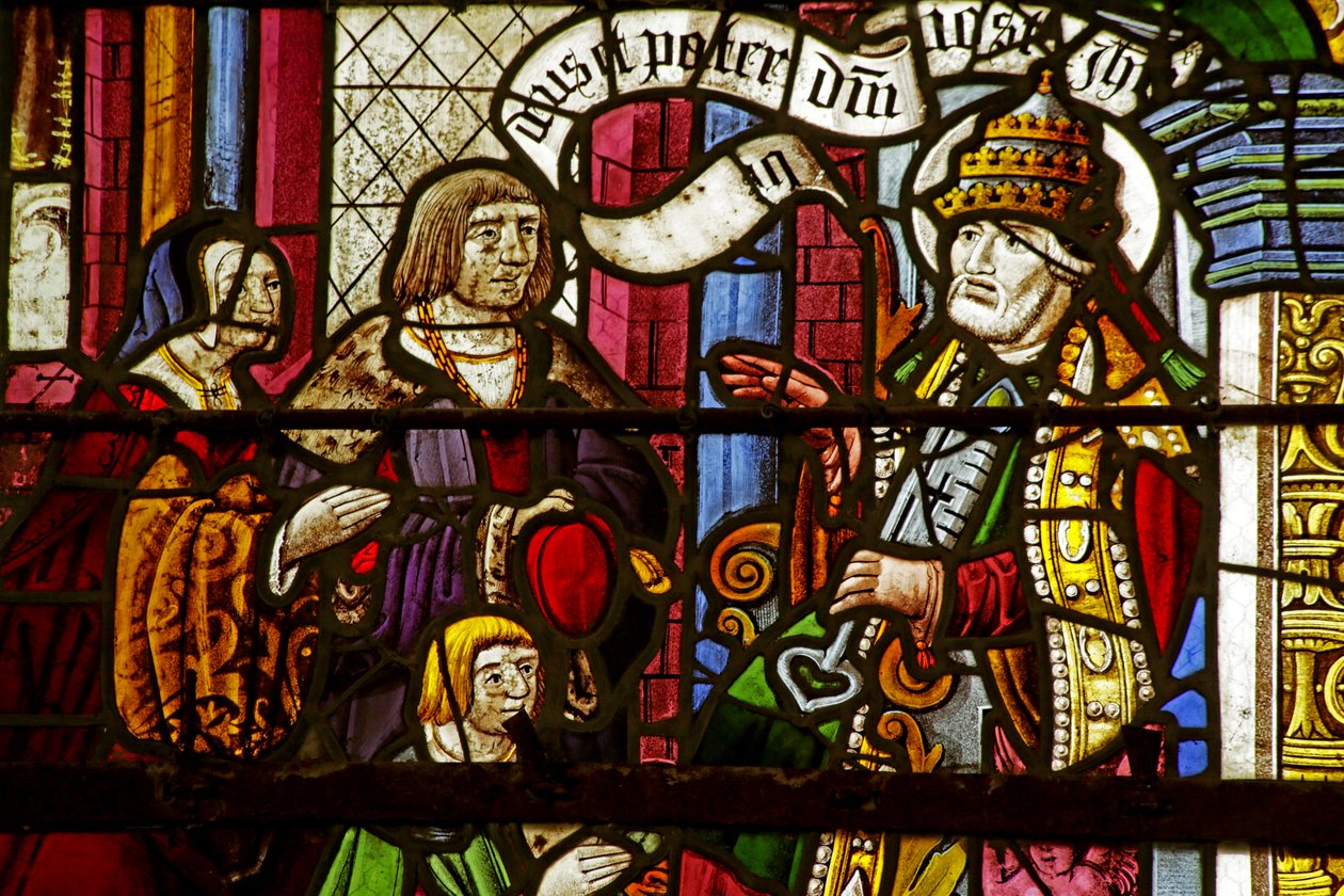 Window depicting Saint Peter as Pope receiving Donors by French School