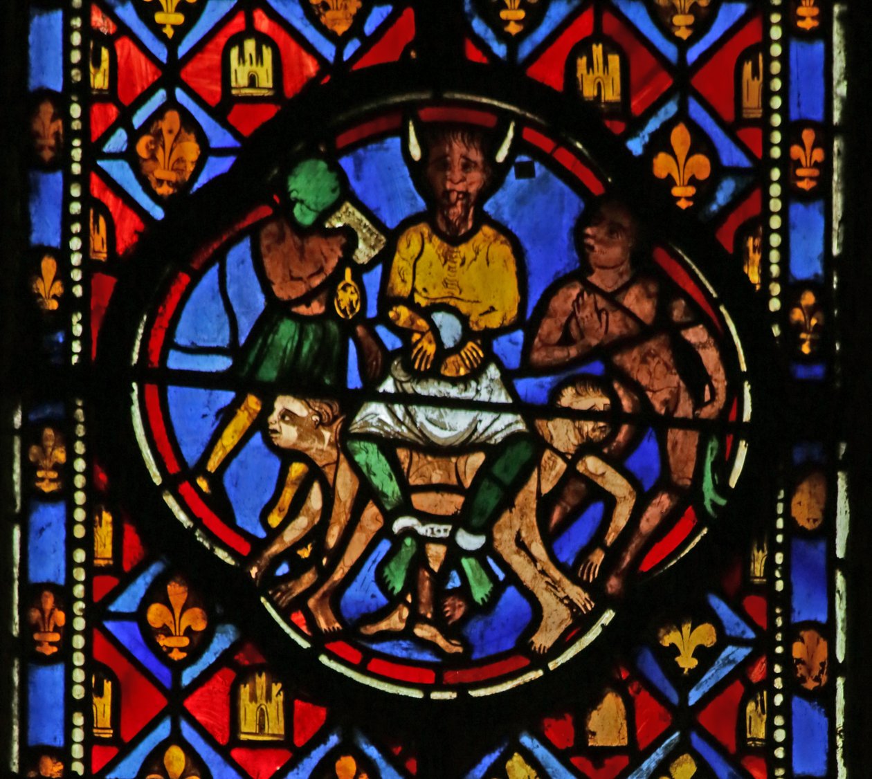 Window depicting Satan in his Court by French School