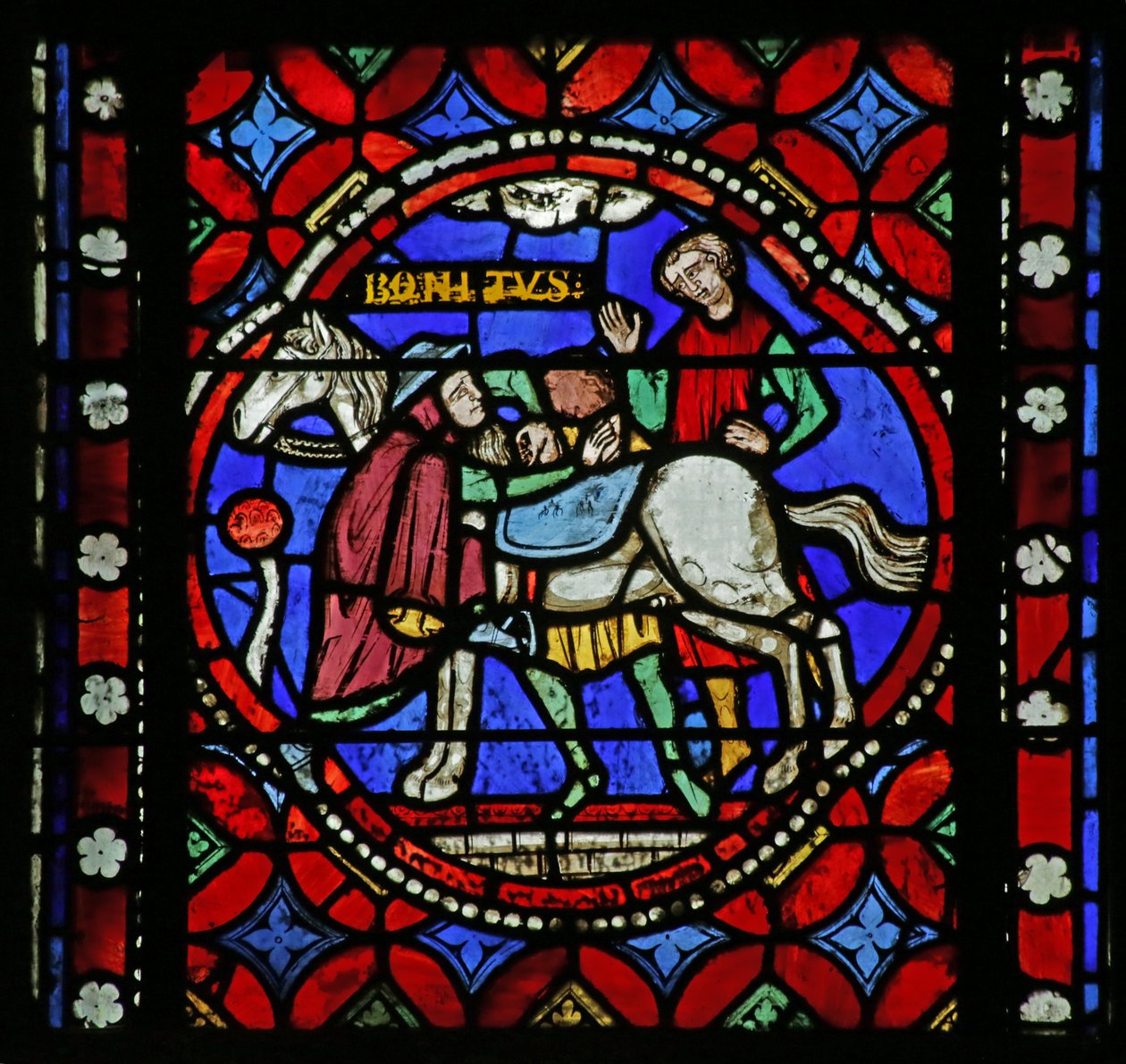 Window depicting Scene from the life of Saint Bonnet: Saint collecting and mounting his Horse for a Pilgrimage to Rome by French School