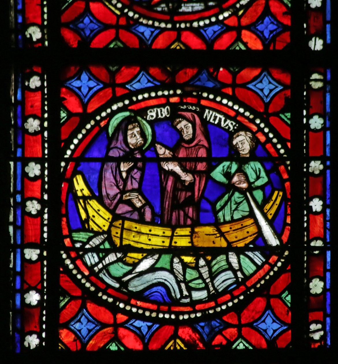 Window depicting Scene from the life of Saint Bonnet: Saint on the Journey to Rome calming the rough Seas and Fishing by French School