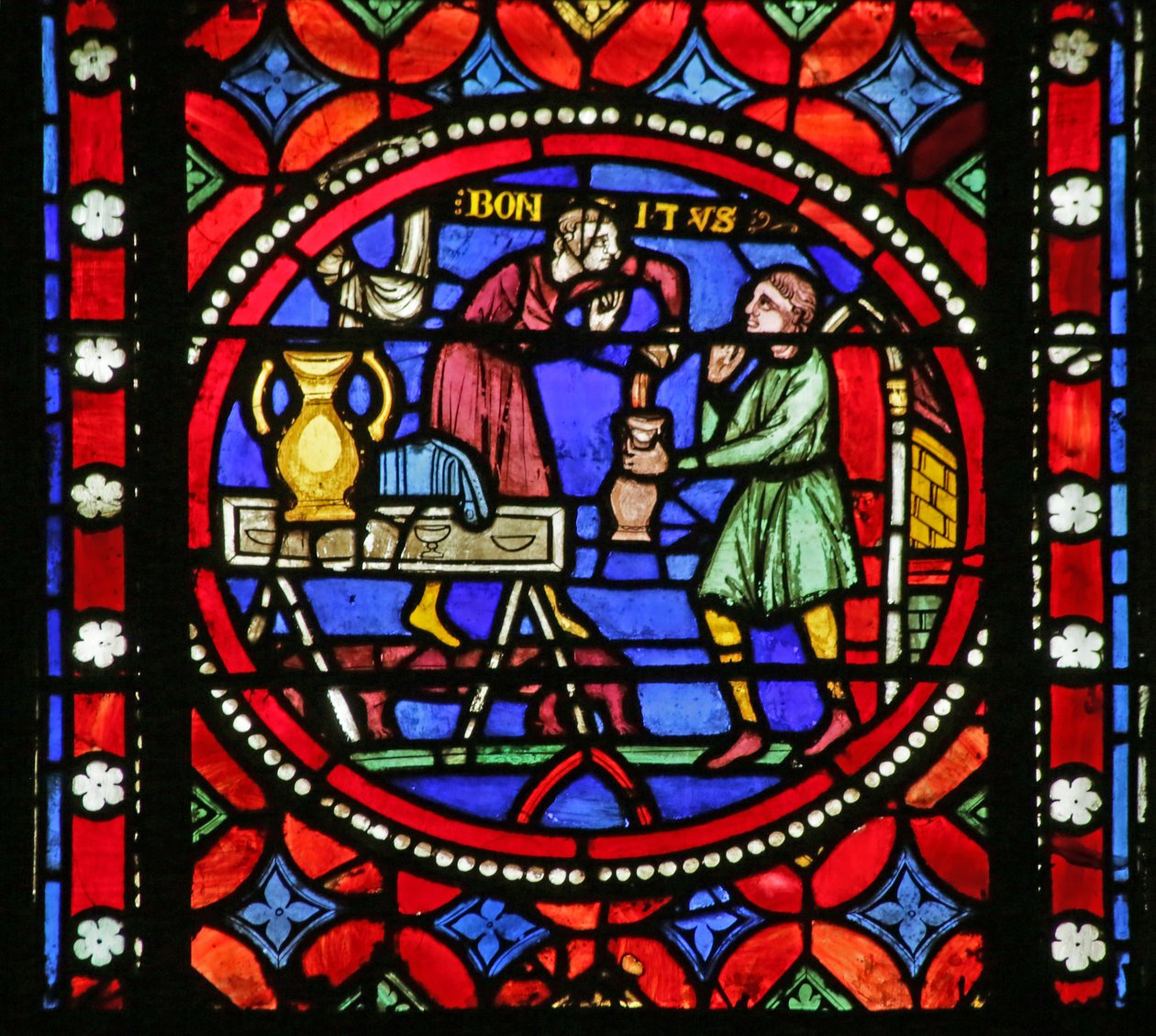 Window depicting Scene from the life of Saint Bonnet: Saint Bonnet pouring out wine by French School