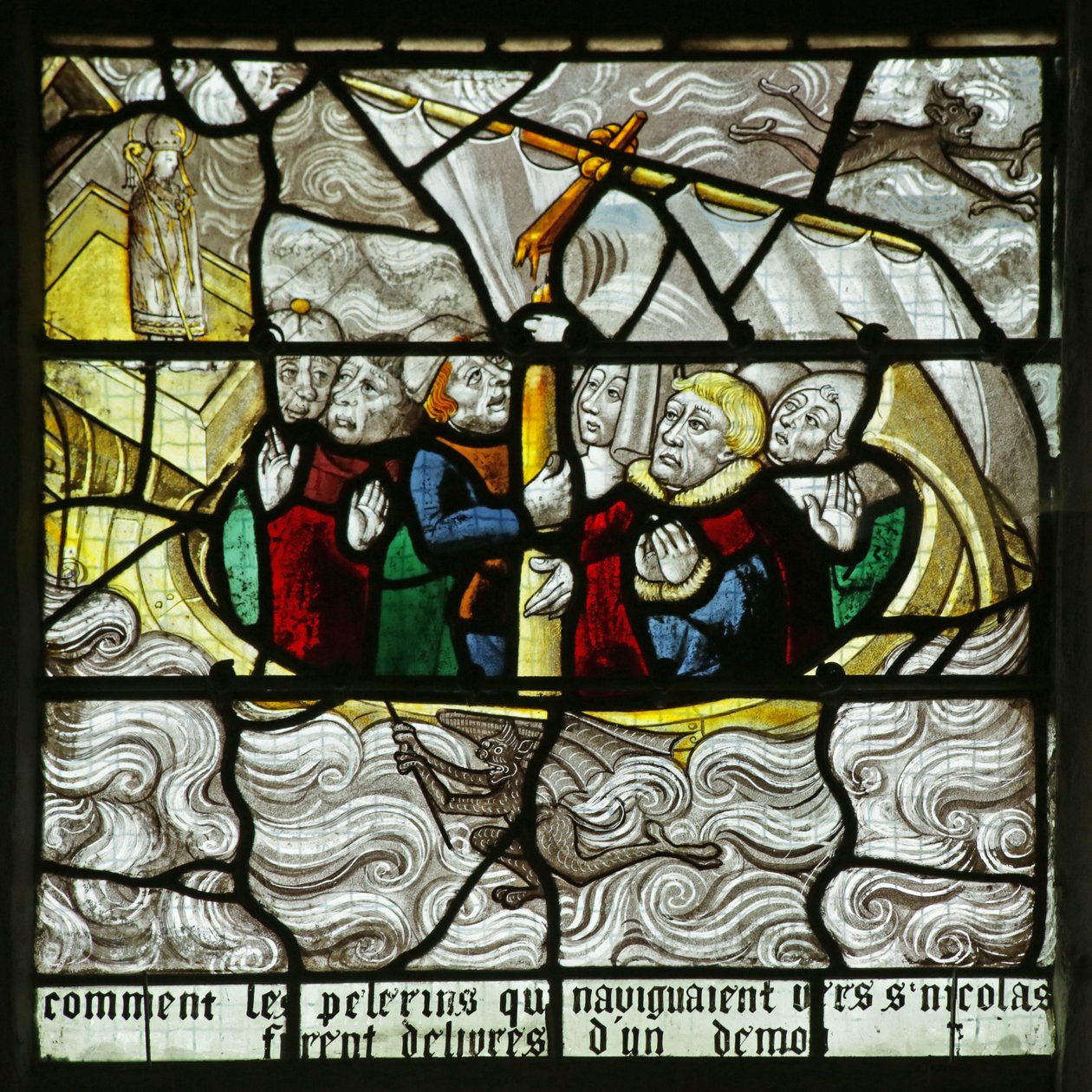 Window depicting St Nicholas appearing and rescuing travellers as their ship sinks by French School