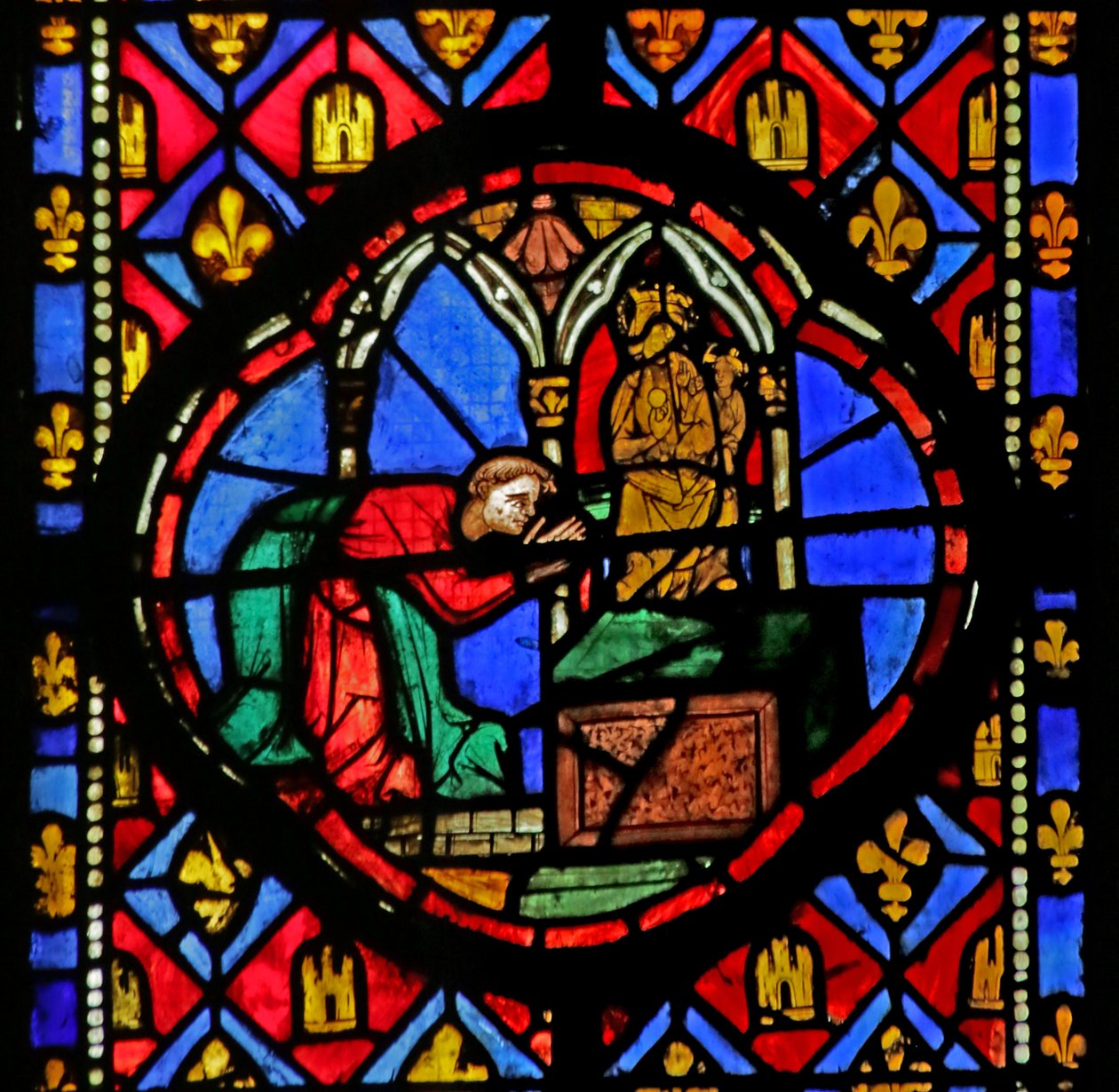 Window depicting Theophilus before a Statue of the Virgin Mary by French School