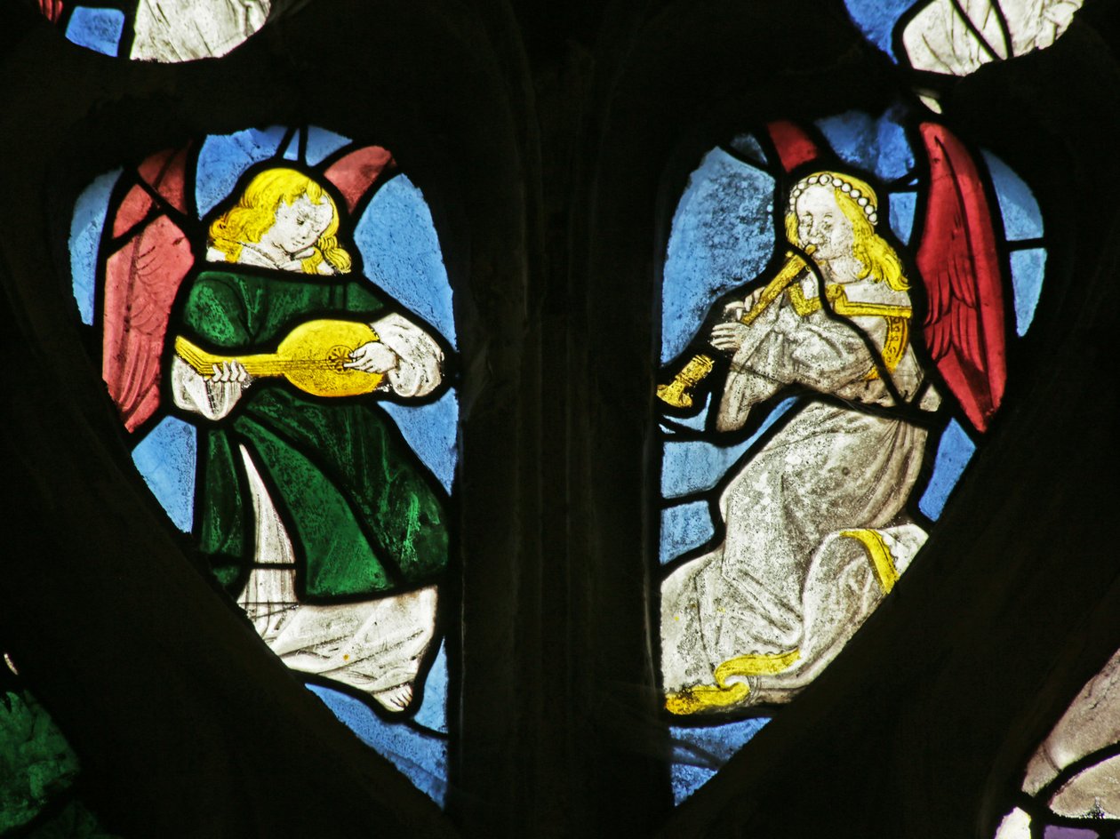 Window depicting musical angels with shawm and lute by French School