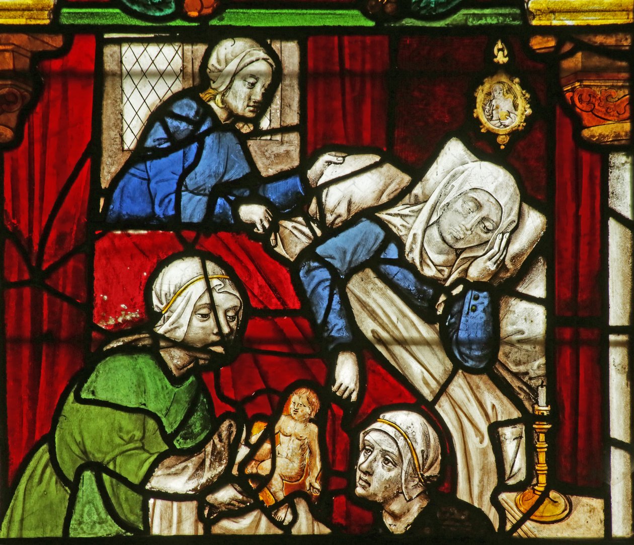 Window depicting the Birth of the Virgin Mary by French School