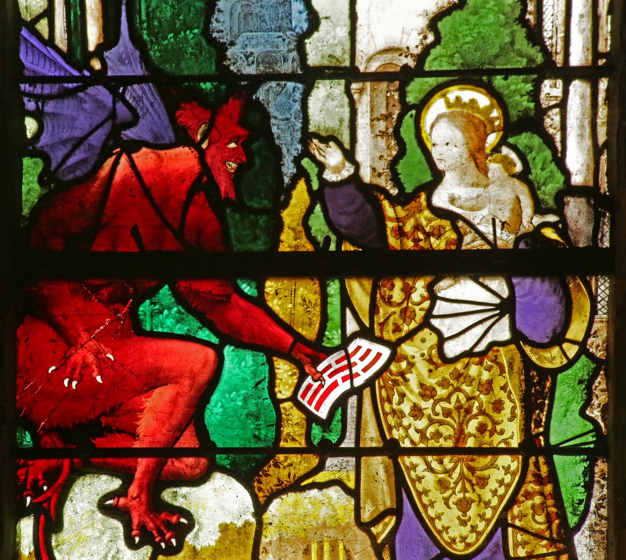 Window depicting the Virgin Mary getting back Theophilus pact from the devil by French School