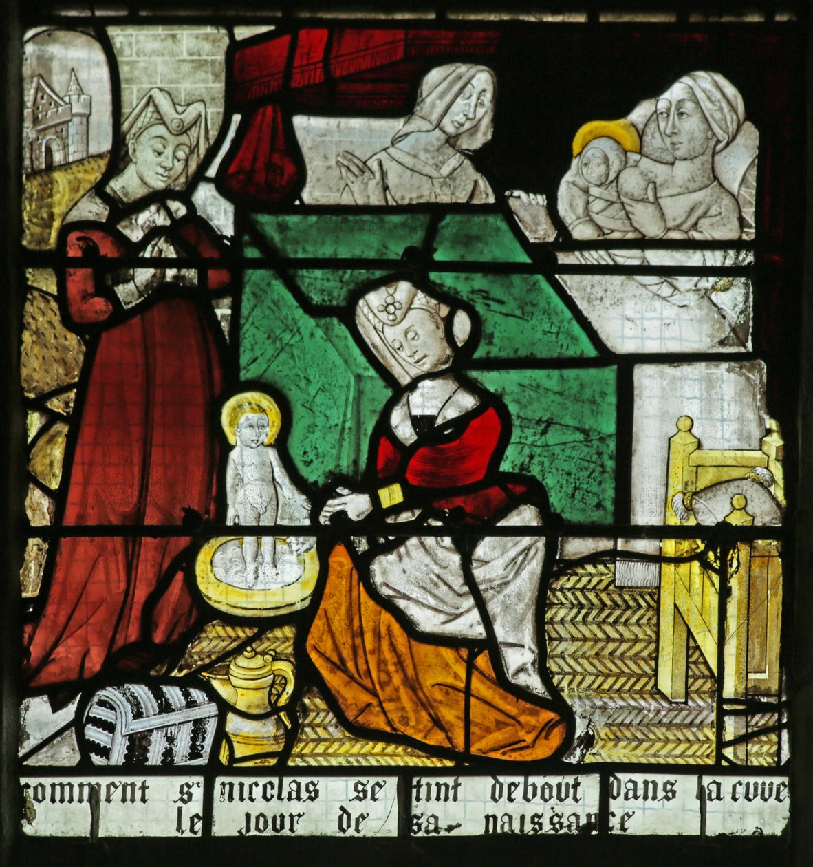Window depicting the birth of St Nicholas by French School