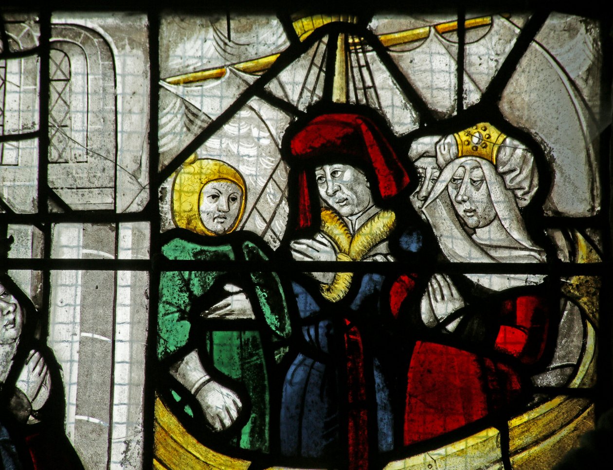 Window depicting travellers on a ship, from a miracle of St Nicholas by French School