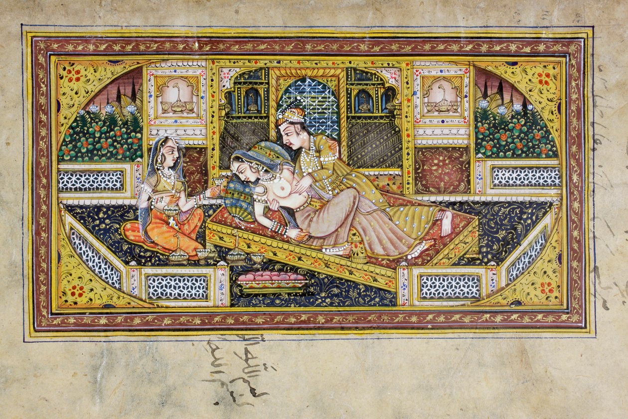 A Man Courts a Woman in a Boudoir Scene by Indian School