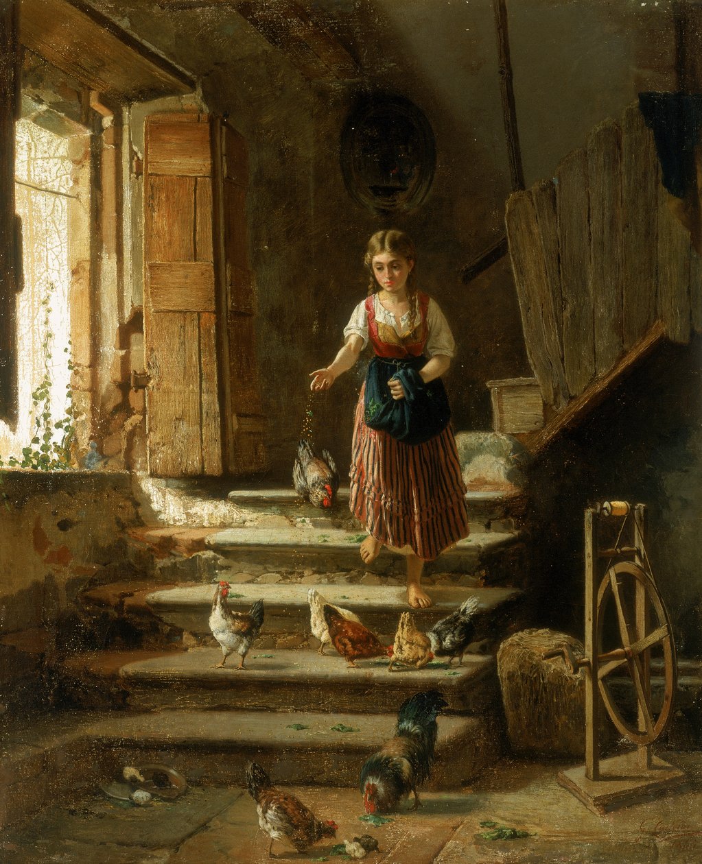 A Peasant Girl and Chickens by Italian School