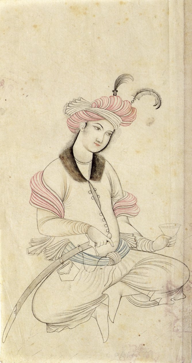 A Persian Youth, Holding a Wine-Cup with the Other Hand on the Hilt of His Sword, After an Early 17th Century Original from Isfahan by Persian School