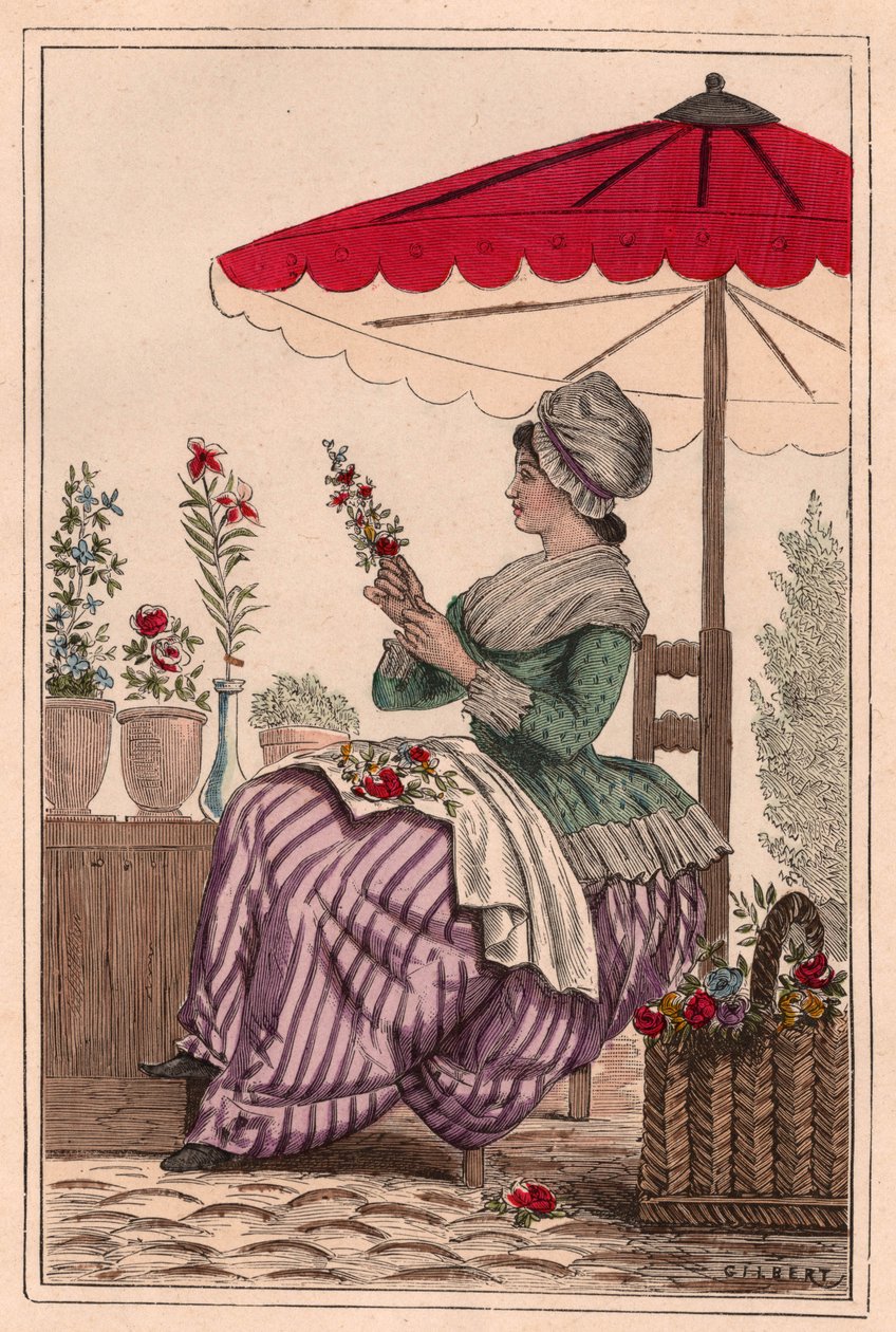 A Flower Girl Sitting Under an Umbrella Making Bouquets of Red Flowers by Unknown