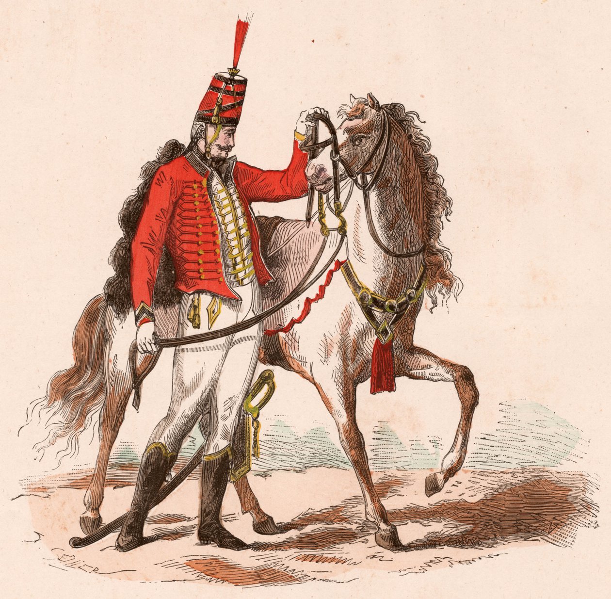 A French Hussar in His Uniform Standing Next to His Horse by Unknown